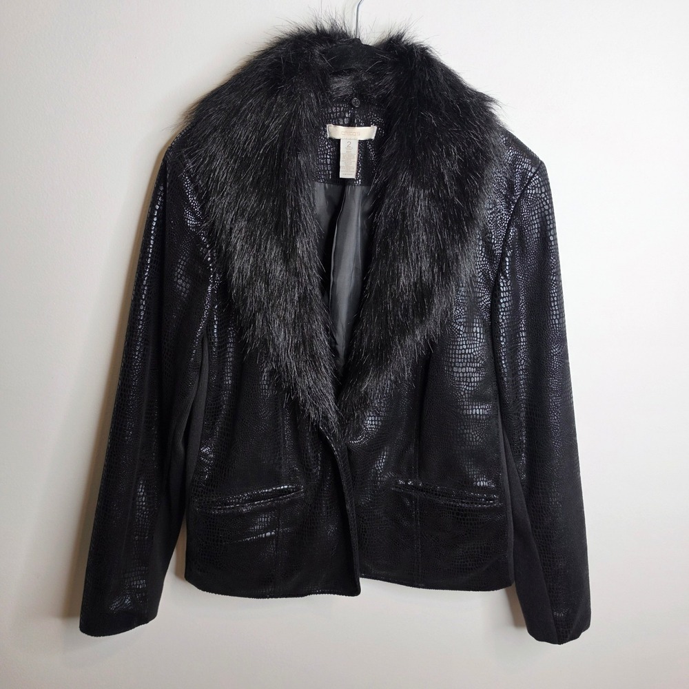 Chico's Jacket Womens 2 (L) Black Faux Snake Skin Fur Collar